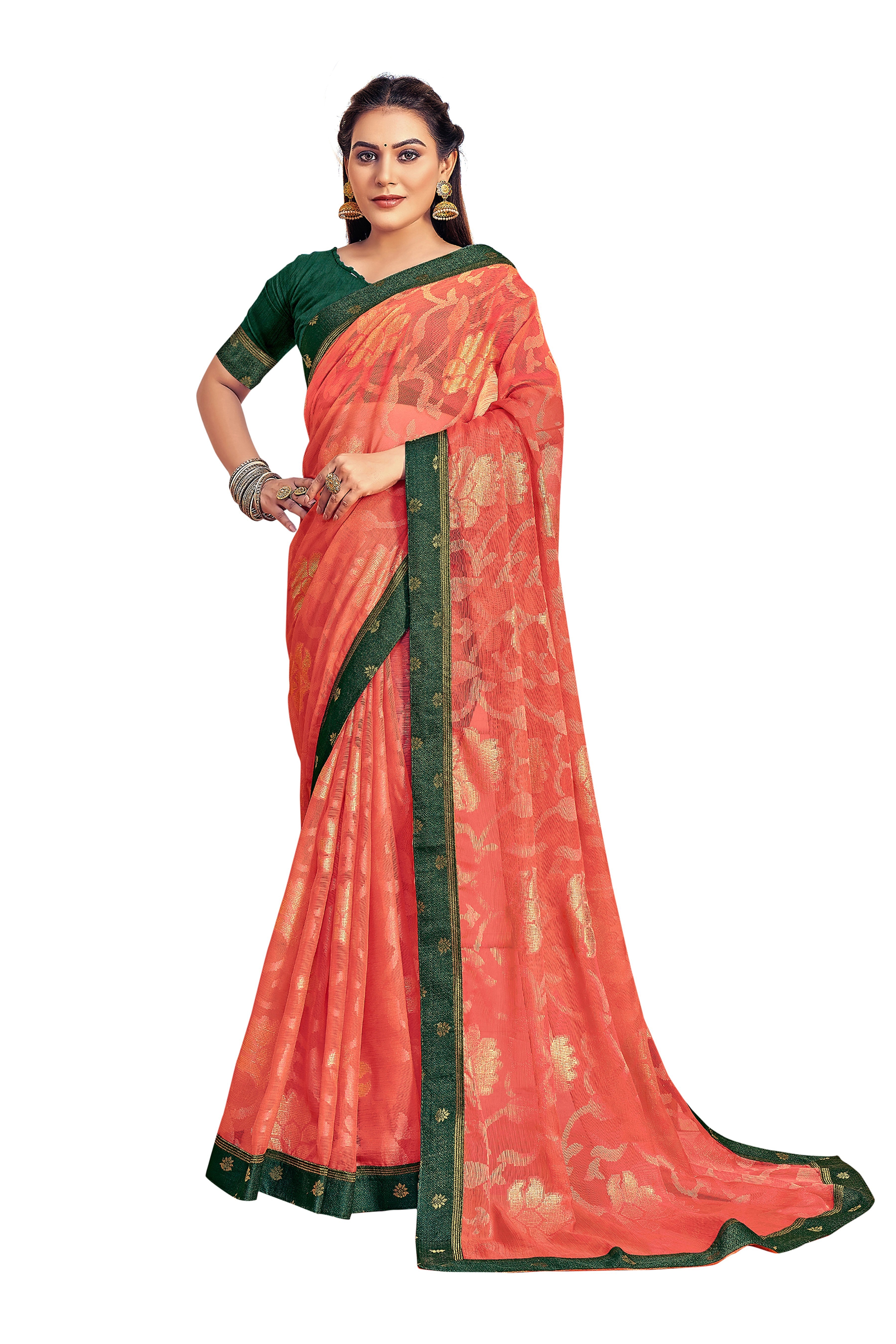 Vamika Orange Designer Chiffon Brasso Saree With Exclusive Banarasi Lace | Grocsy