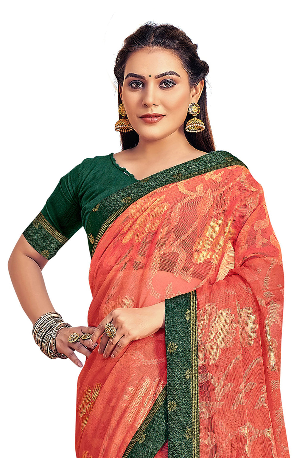 Vamika Orange Designer Chiffon Brasso Saree With Exclusive Banarasi Lace | Grocsy