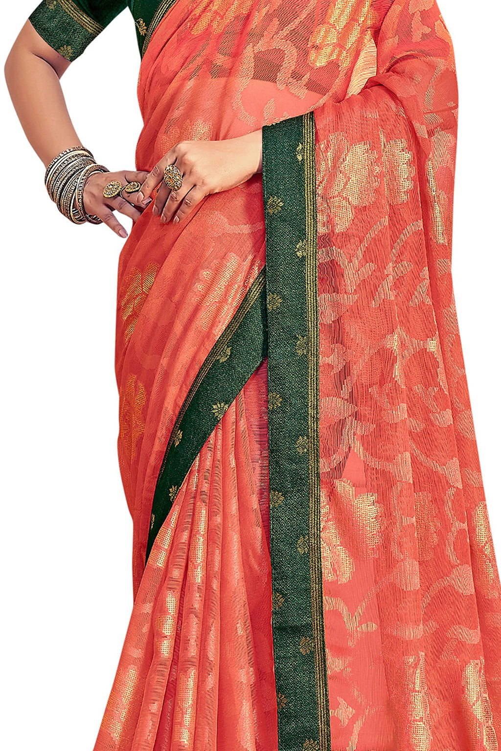Vamika Orange Designer Chiffon Brasso Saree With Exclusive Banarasi Lace | Grocsy