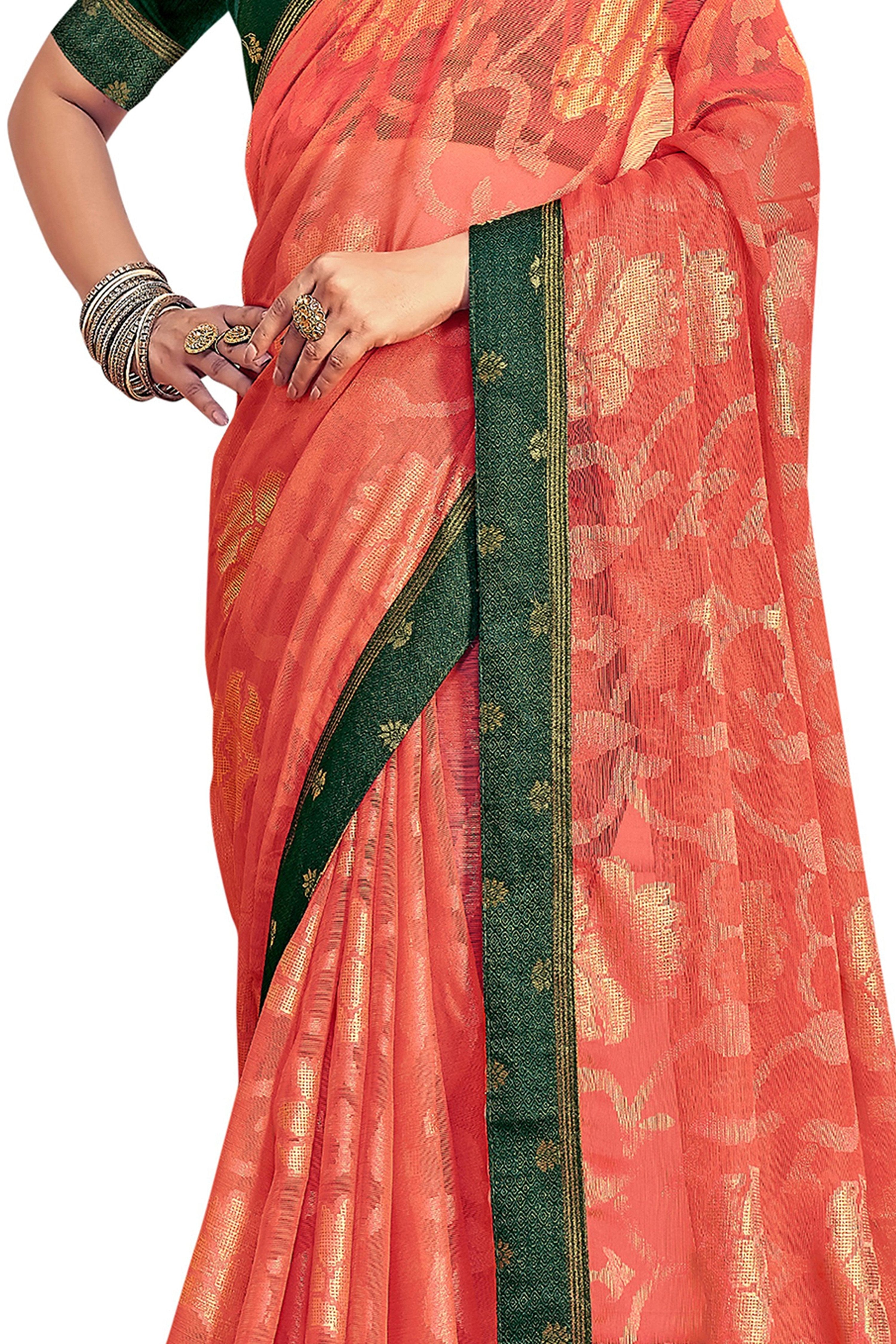 Vamika Orange Designer Chiffon Brasso Saree With Exclusive Banarasi Lace | Grocsy