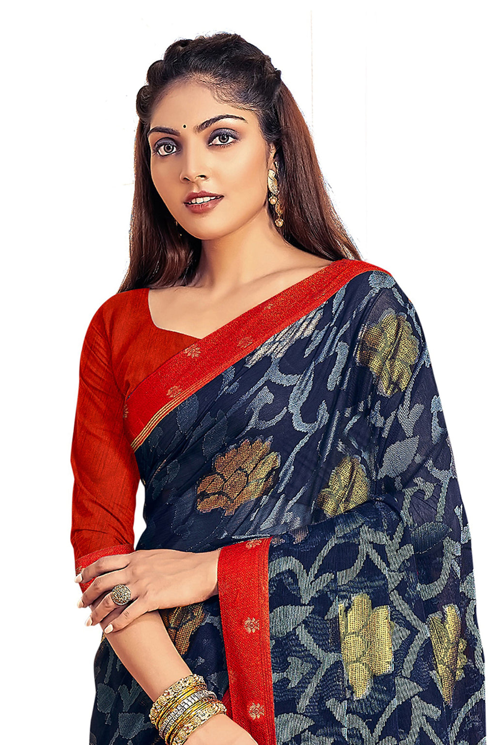 Vamika Navy Blue Designer Chiffon Brasso Saree With Exclusive Banarasi Lace | Grocsy