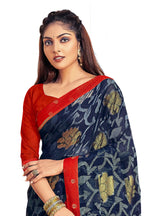 Vamika Navy Blue Designer Chiffon Brasso Saree With Exclusive Banarasi Lace | Grocsy