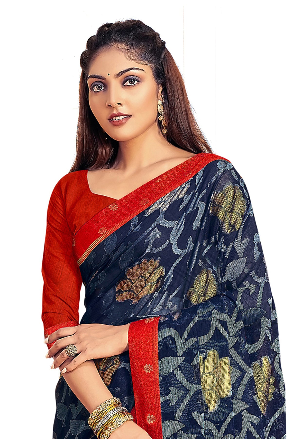Vamika Navy Blue Designer Chiffon Brasso Saree With Exclusive Banarasi Lace | Grocsy