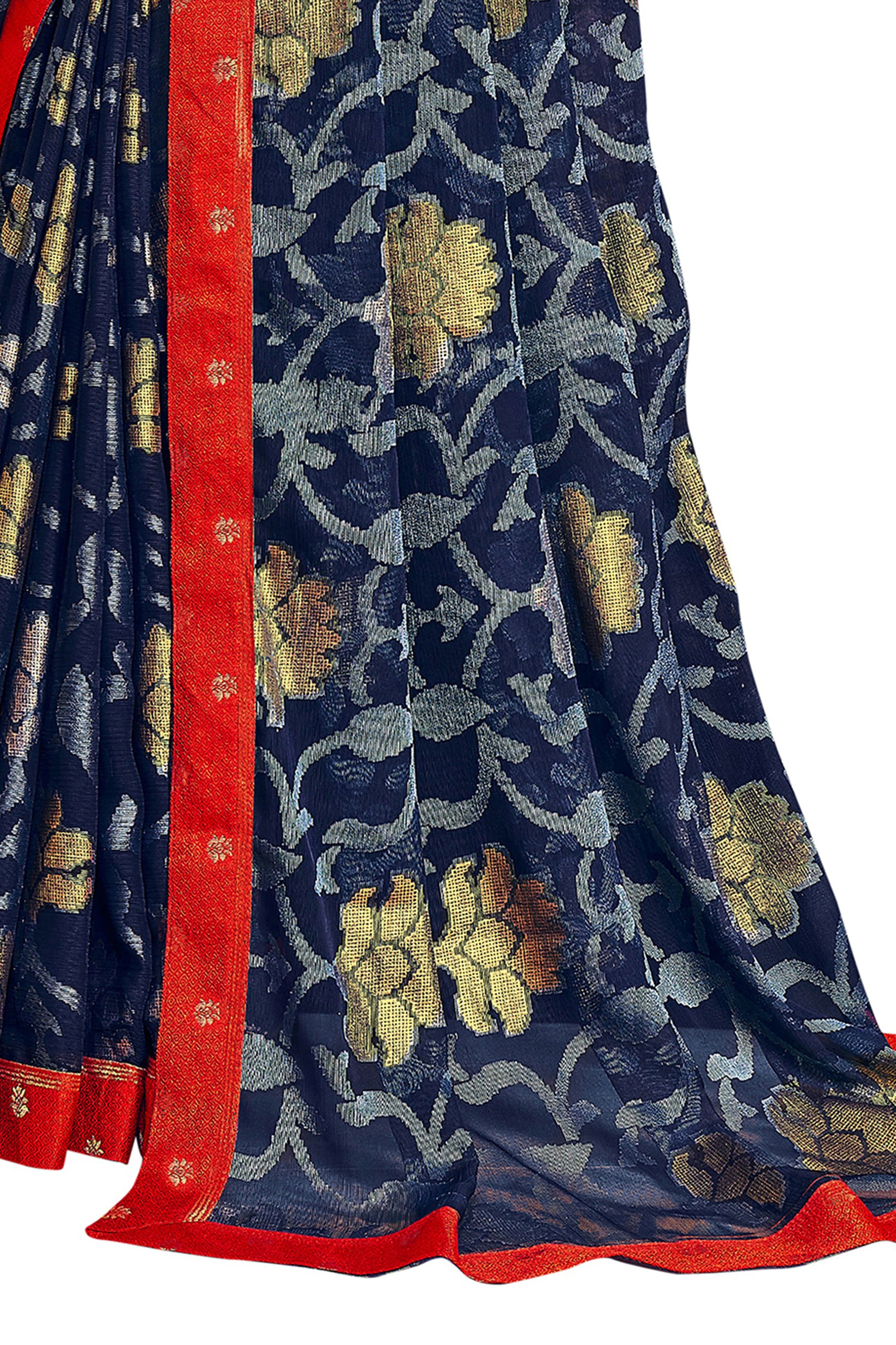 Vamika Navy Blue Designer Chiffon Brasso Saree With Exclusive Banarasi Lace | Grocsy