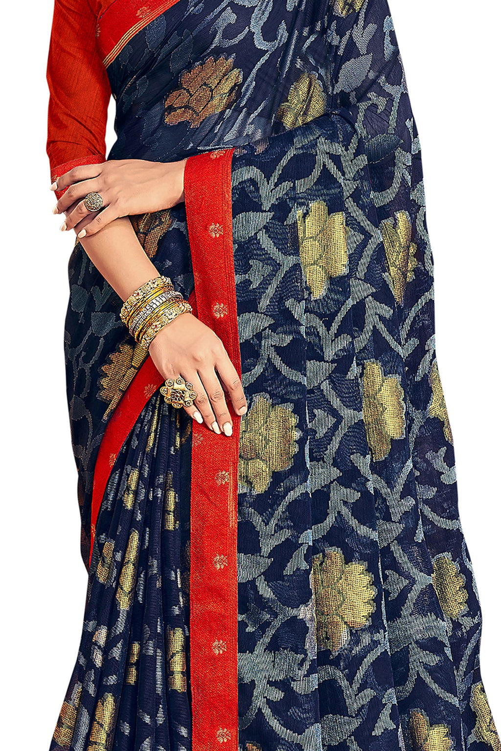 Vamika Navy Blue Designer Chiffon Brasso Saree With Exclusive Banarasi Lace | Grocsy