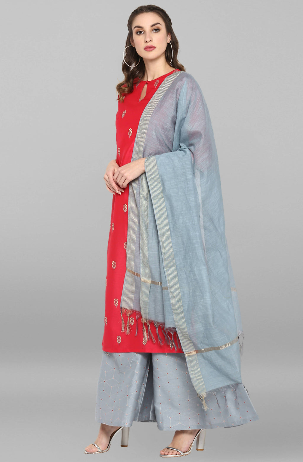 Janasya Women's Blue Cotton Floral Print Top With Palazzo | Grocsy