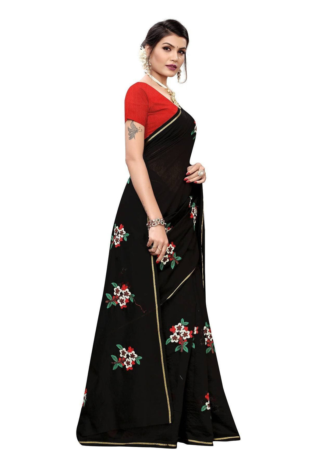 Vamika Black Chanderi Cotton Embroidery Floral Saree | Grocsy