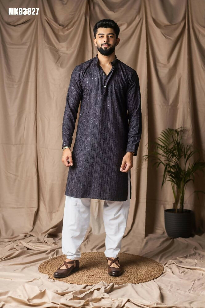 Dark Grey Rayon Thread Embroidery Work Kurta Set - Mahotsav | Grocsy