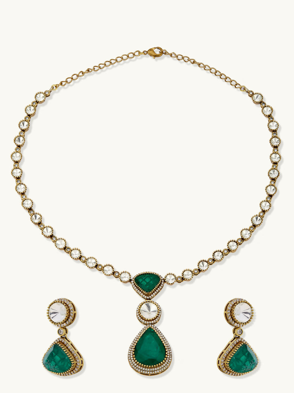 Nuyug 22K Gold-Plated Emerald Stone Centric Kundan Studded Minimal Necklace Set | Grocsy