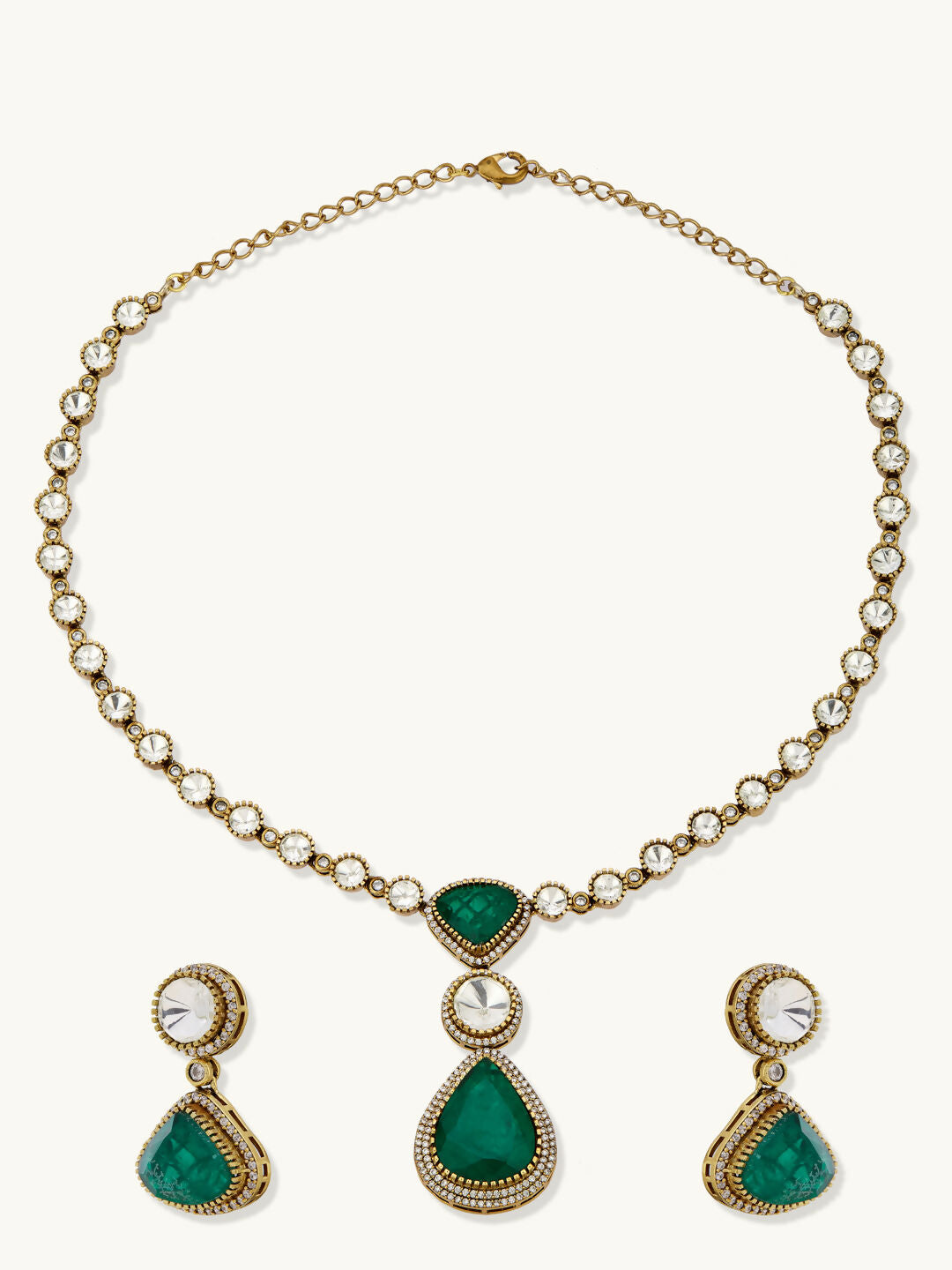 Nuyug 22K Gold-Plated Emerald Stone Centric Kundan Studded Minimal Necklace Set | Grocsy