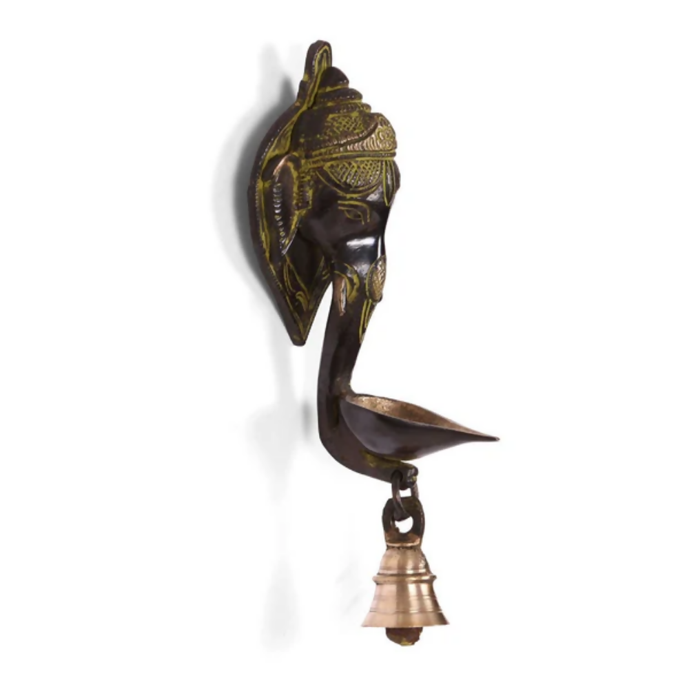 CraftVatika Brass Elephant Face Oil Lamp Diya With Bell Wall Hanging Showpiece | Grocsy