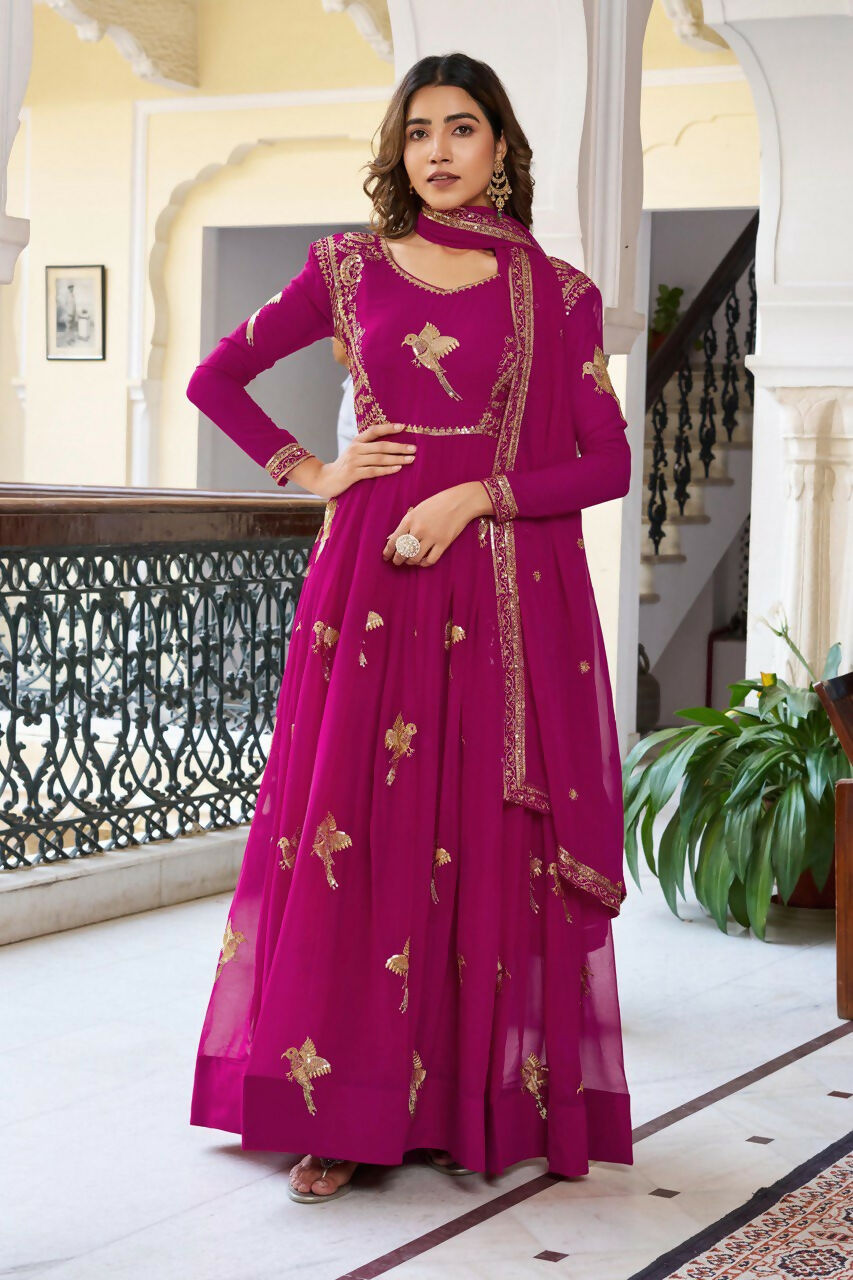 The52 Women's Gorgeous Faux Georgette Fabric Embroidery Work Flared Anarkali Pant and Dupatta Set | Grocsy