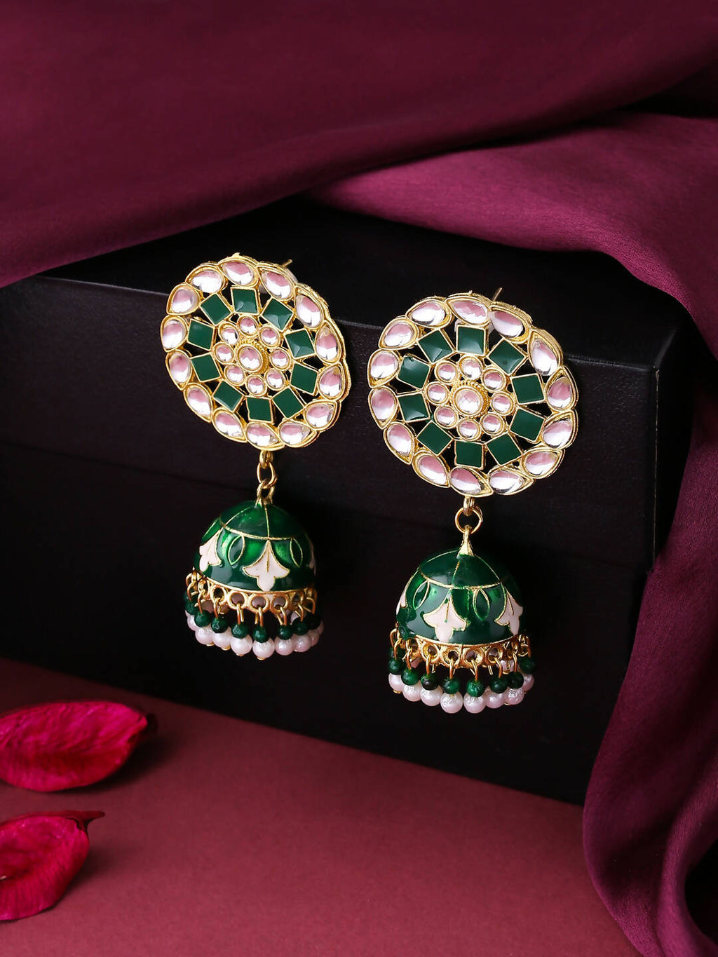 NVR Women Gold-Polished Green Dome Shaped Meenkari Jhumkas Earrings | Grocsy