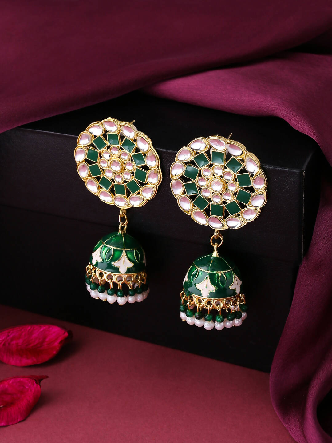 NVR Women Gold-Polished Green Dome Shaped Meenkari Jhumkas Earrings | Grocsy