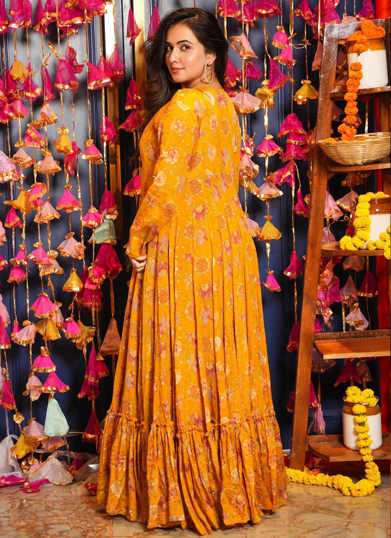 Vegaa Fashion Yellow Chinon Silk Digital Print Palazzo With Shrug Indo Western Suit | Grocsy