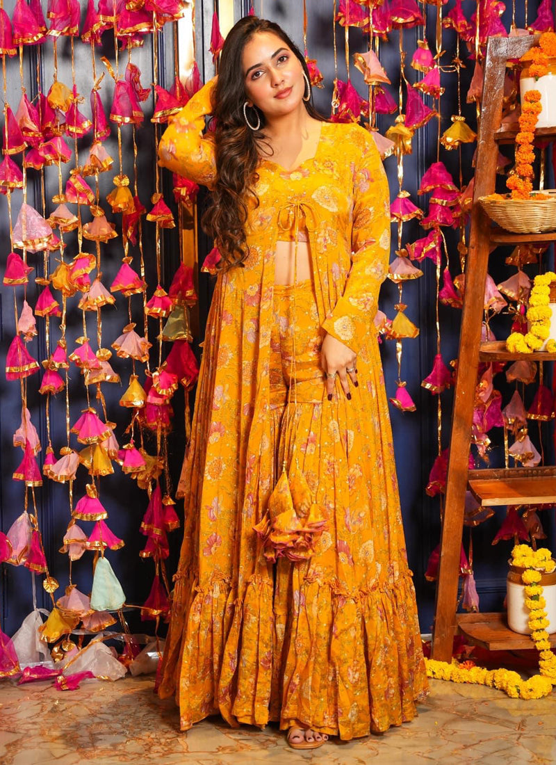 Vegaa Fashion Yellow Chinon Silk Digital Print Palazzo With Shrug Indo Western Suit | Grocsy