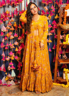 Vegaa Fashion Yellow Chinon Silk Digital Print Palazzo With Shrug Indo Western Suit | Grocsy