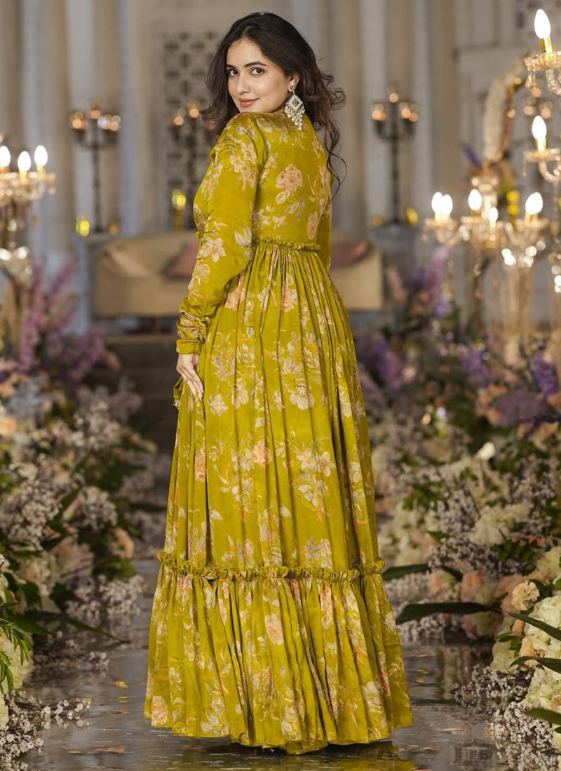 Vegaa Fashion Smith Green Chinon Silk Digital Print Palazzo With Shrug Indo Western Suit | Grocsy