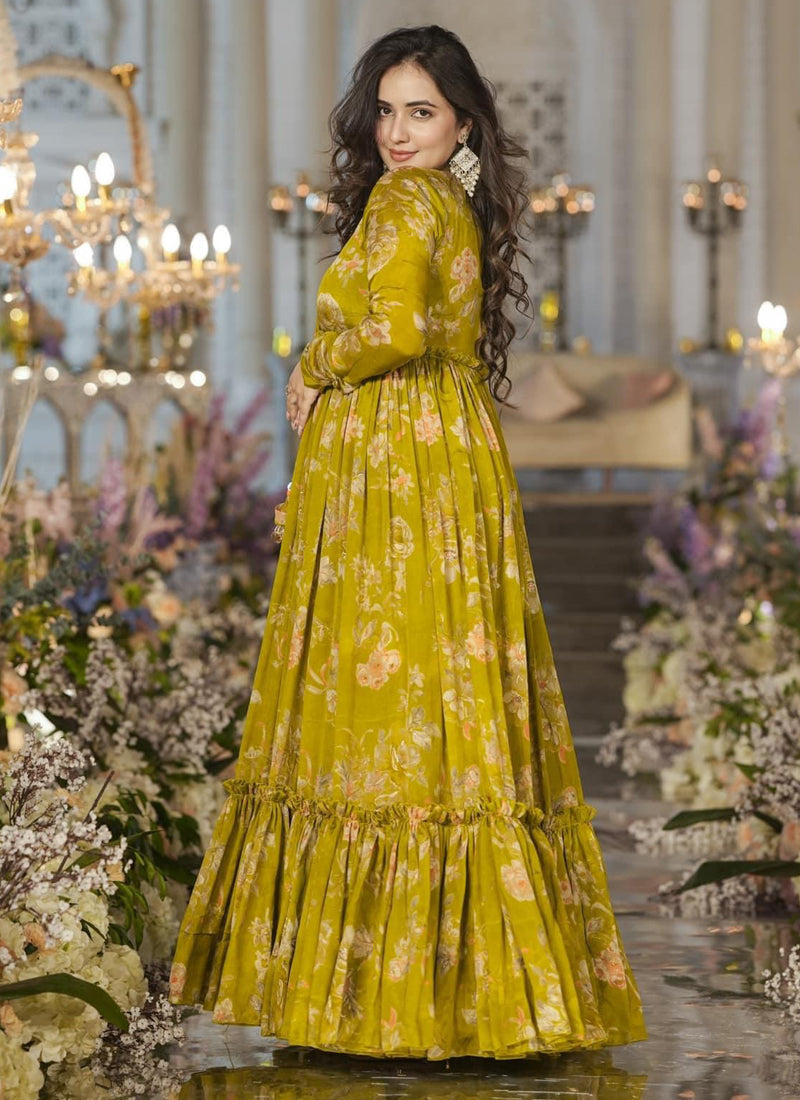 Vegaa Fashion Smith Green Chinon Silk Digital Print Palazzo With Shrug Indo Western Suit | Grocsy