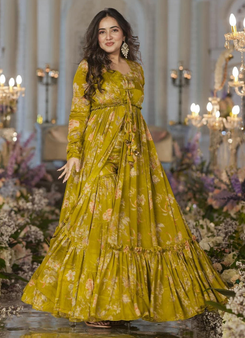 Vegaa Fashion Smith Green Chinon Silk Digital Print Palazzo With Shrug Indo Western Suit | Grocsy