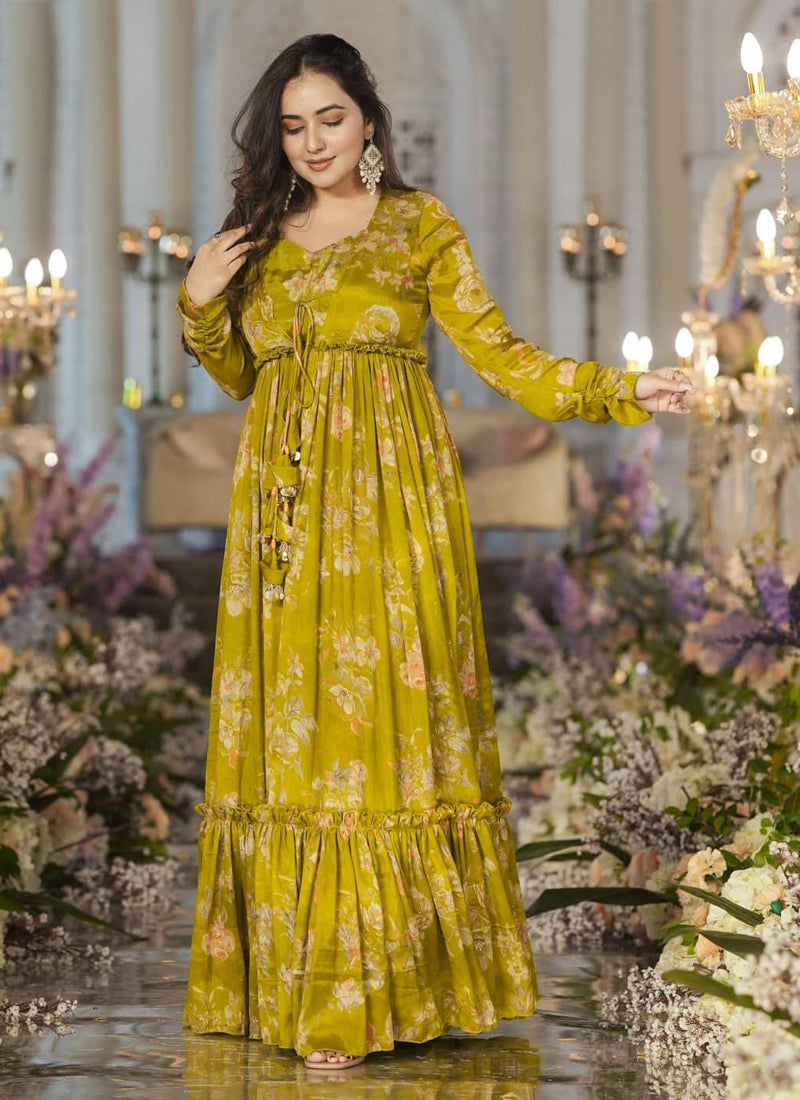 Vegaa Fashion Smith Green Chinon Silk Digital Print Palazzo With Shrug Indo Western Suit | Grocsy