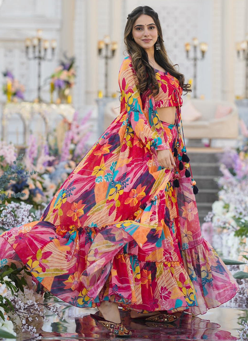 Vegaa Fashion Multicolor Chinon Silk Digital Print Palazzo With Shrug Indo Western Suit | Grocsy