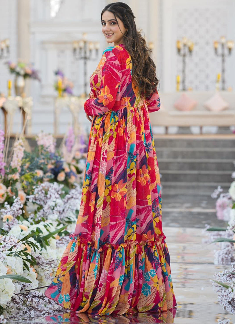 Vegaa Fashion Multicolor Chinon Silk Digital Print Palazzo With Shrug Indo Western Suit | Grocsy
