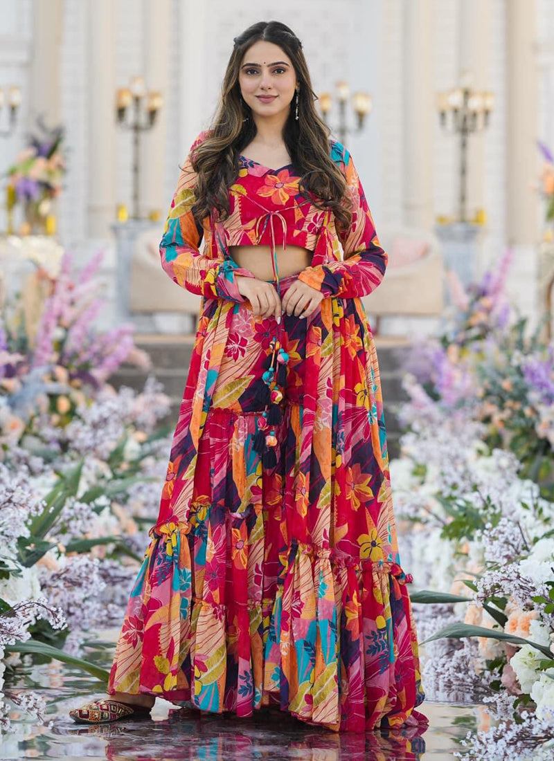 Vegaa Fashion Multicolor Chinon Silk Digital Print Palazzo With Shrug Indo Western Suit | Grocsy
