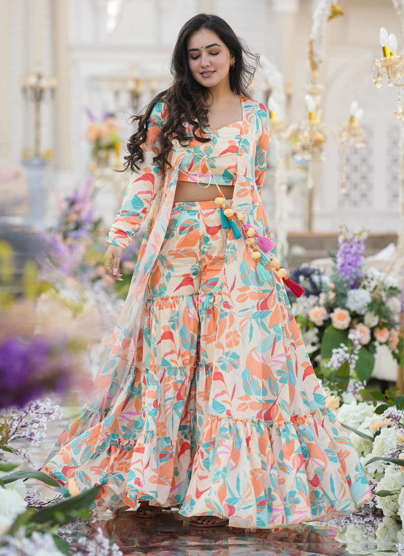 Vegaa Fashion Off White Chinon Silk Digital Print Palazzo With Shrug Indo Western Suit | Grocsy