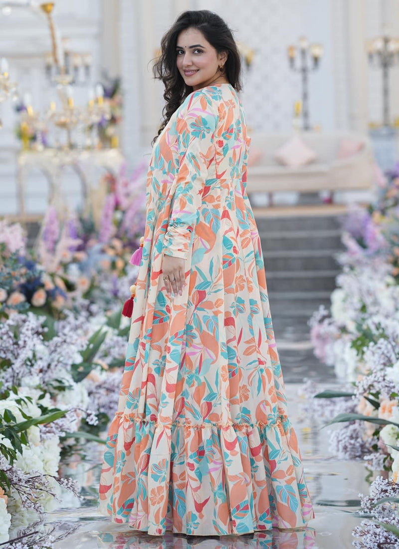 Vegaa Fashion Off White Chinon Silk Digital Print Palazzo With Shrug Indo Western Suit | Grocsy