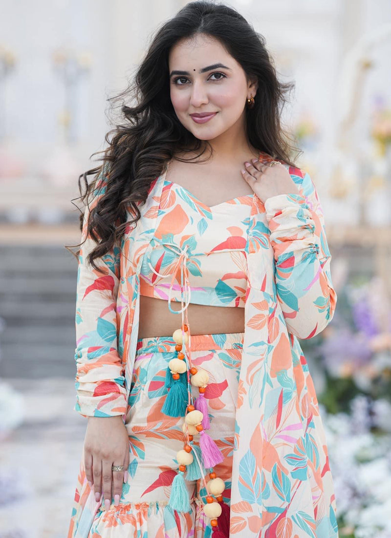 Vegaa Fashion Off White Chinon Silk Digital Print Palazzo With Shrug Indo Western Suit | Grocsy