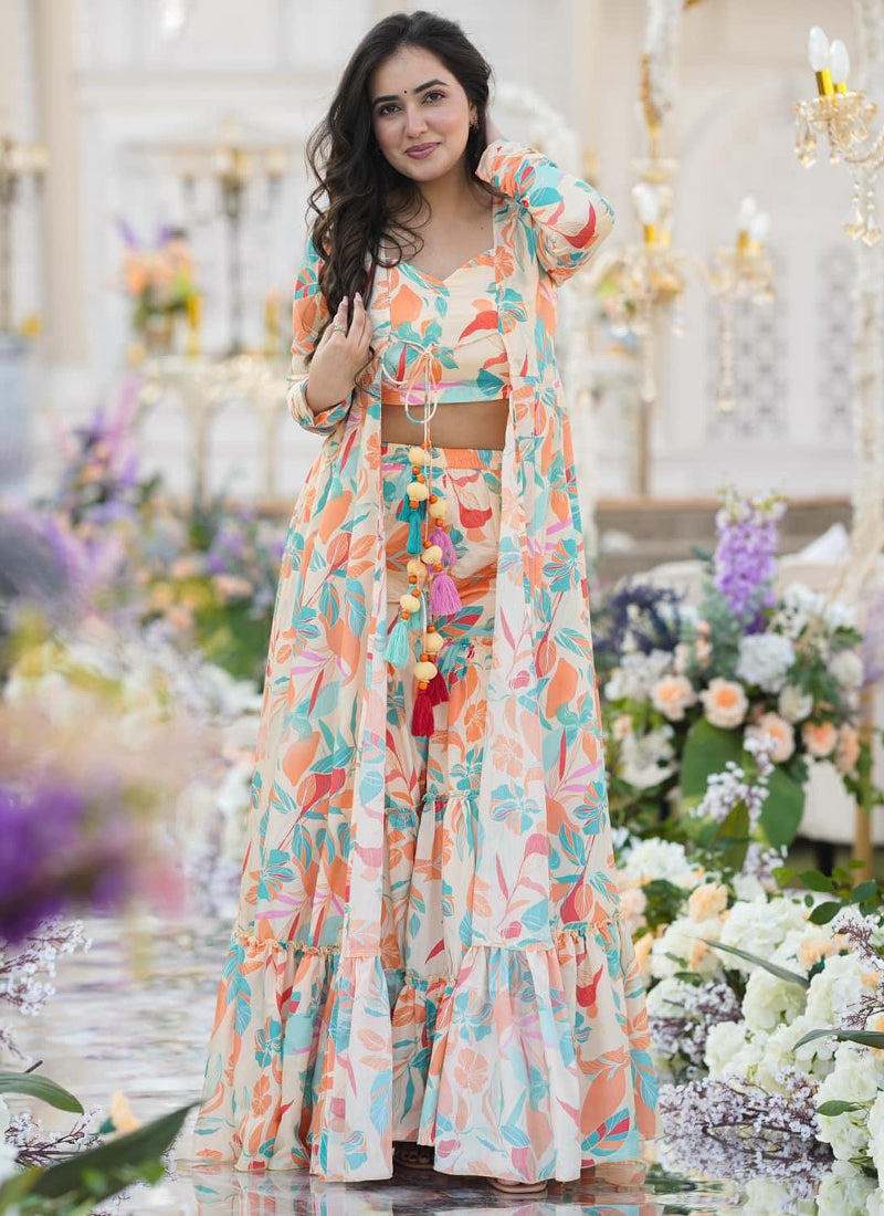 Vegaa Fashion Off White Chinon Silk Digital Print Palazzo With Shrug Indo Western Suit | Grocsy