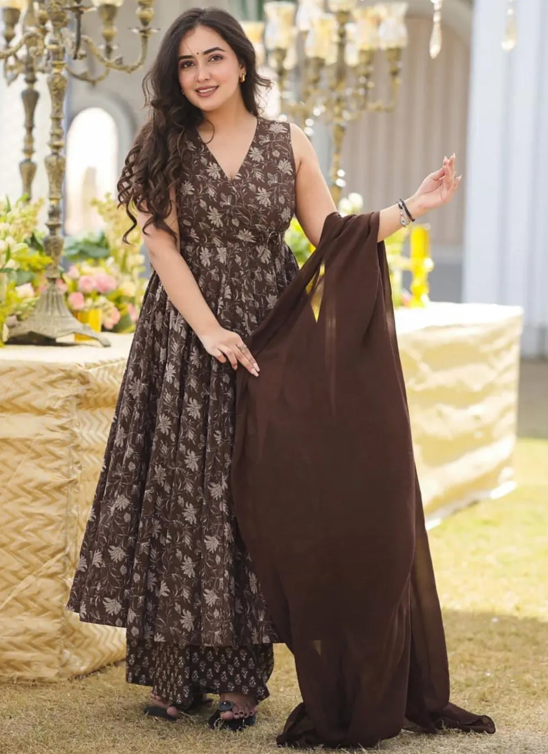 Vegaa Fashion Coffee Muslin Digital Print Designer Salwar Suit | Grocsy
