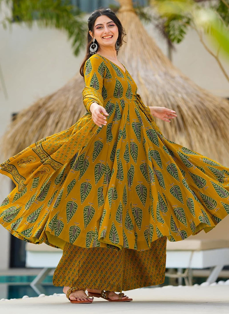 Vegaa Fashion Mustard Muslin Digital Print Designer Salwar Suit | Grocsy