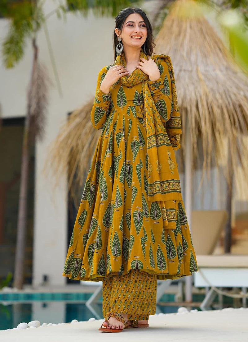 Vegaa Fashion Mustard Muslin Digital Print Designer Salwar Suit | Grocsy