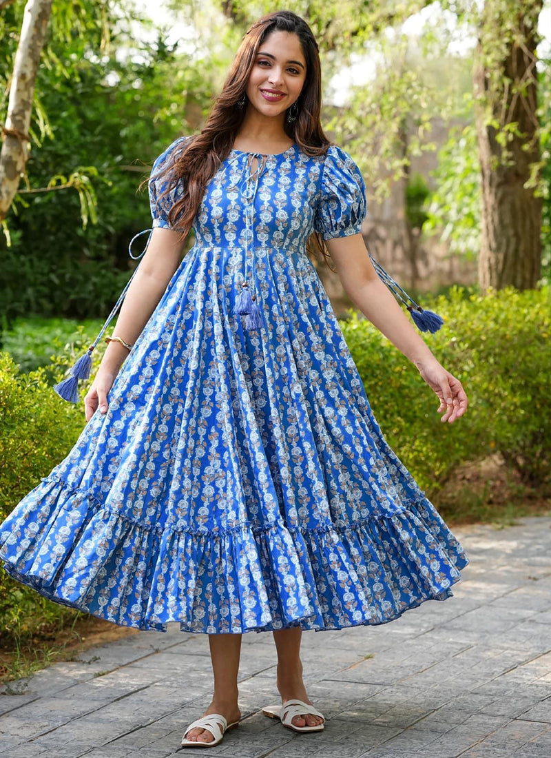 Vegaa Fashion Blue Rayon Digital Print Designer Western Gown | Grocsy