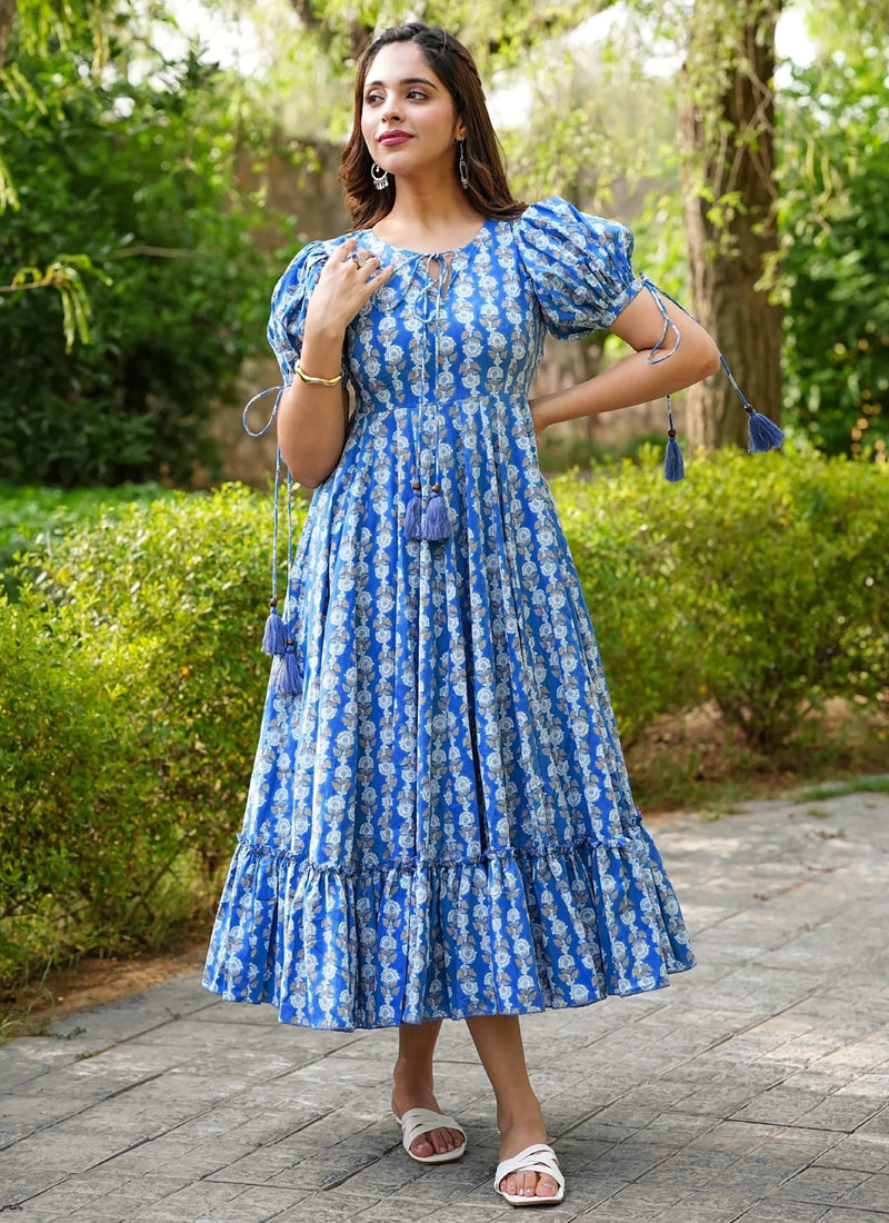 Vegaa Fashion Blue Rayon Digital Print Designer Western Gown | Grocsy