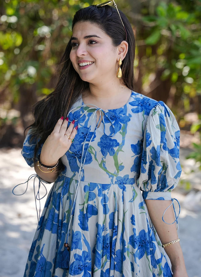 Vegaa Fashion Blue Rayon Digital Print Designer Western Gown | Grocsy