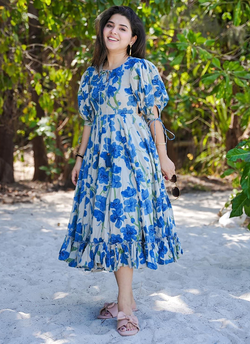 Vegaa Fashion Blue Rayon Digital Print Designer Western Gown | Grocsy