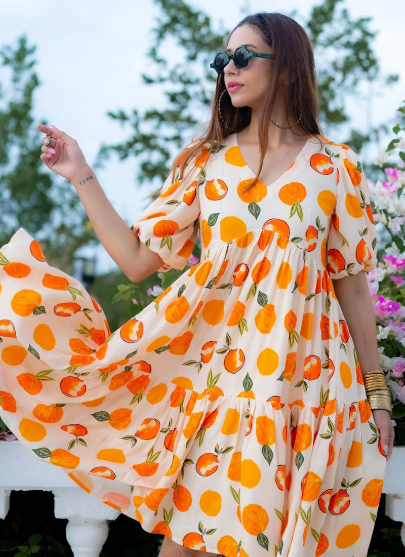 Vegaa Fashion Off White Rayon Digital Print Designer Western Gown | Grocsy