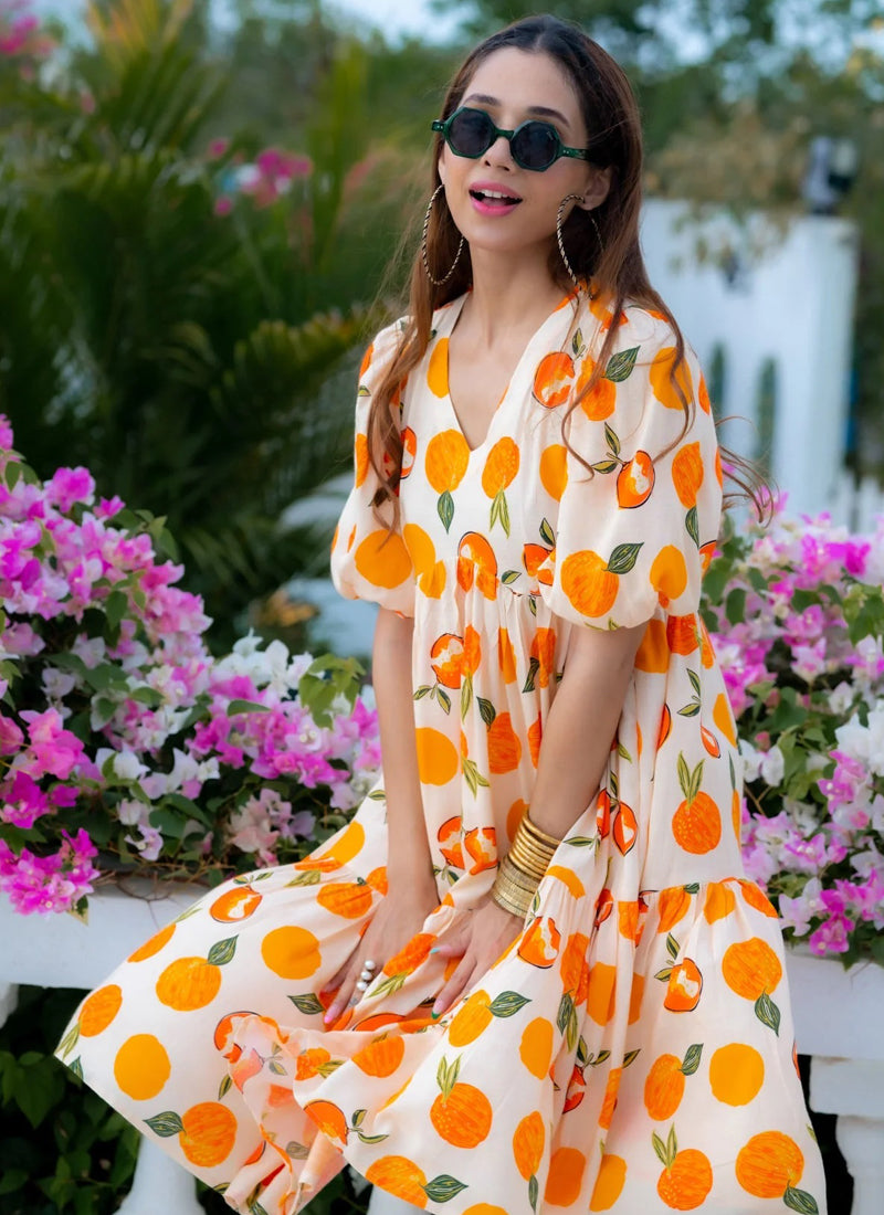 Vegaa Fashion Off White Rayon Digital Print Designer Western Gown | Grocsy