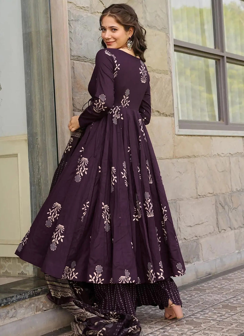 Vegaa Fashion Dark Purple Pure Muslin Digital Printed Designer Salwar Suit | Grocsy