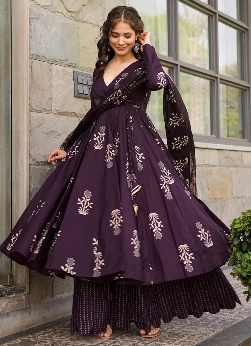 Vegaa Fashion Dark Purple Pure Muslin Digital Printed Designer Salwar Suit | Grocsy