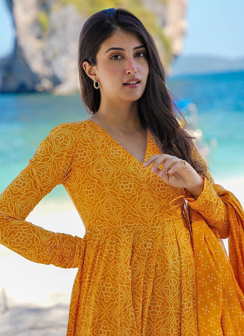 Vegaa Fashion Pumpkin Yellow Pure Muslin Digital Printed Designer Salwar Suit | Grocsy