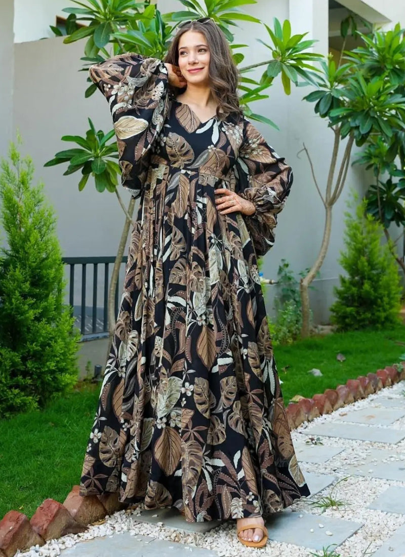Vegaa Fashion Multi Color Heavy Air Tex Chinon Silk Digital Print Designer Gown | Grocsy
