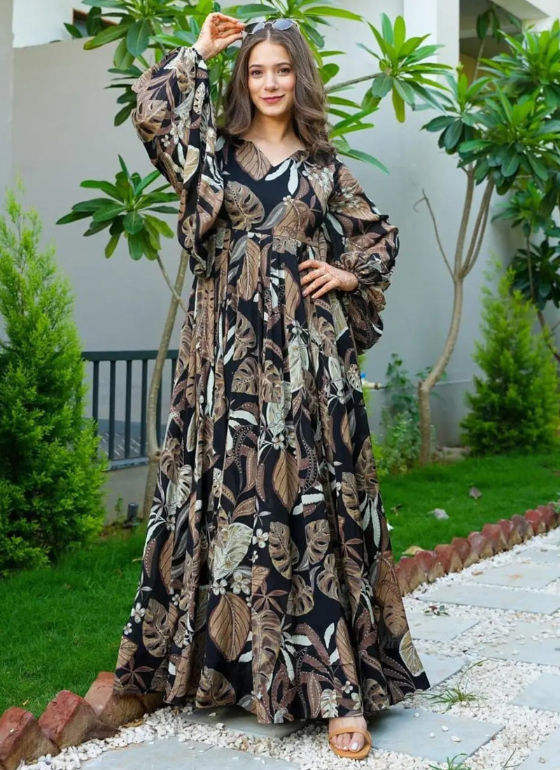 Vegaa Fashion Multi Color Heavy Air Tex Chinon Silk Digital Print Designer Gown | Grocsy