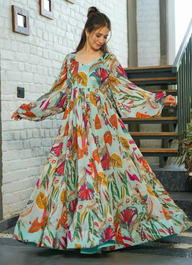 Vegaa Fashion Multi Color Heavy Air Tex Chinon Silk Digital Print Designer Gown | Grocsy