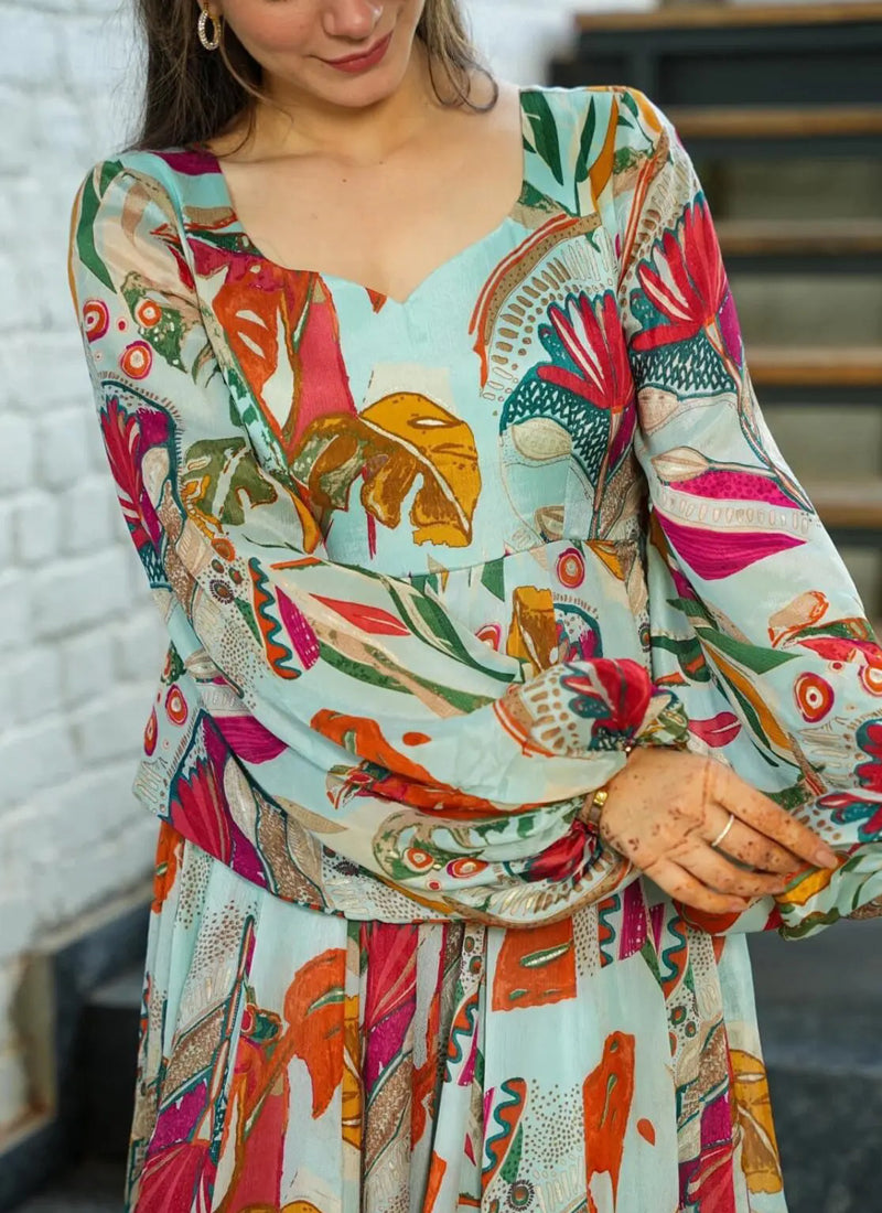 Vegaa Fashion Multi Color Heavy Air Tex Chinon Silk Digital Print Designer Gown | Grocsy