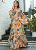 Vegaa Fashion Multi Color Heavy Air Tex Chinon Silk Digital Print Designer Gown | Grocsy
