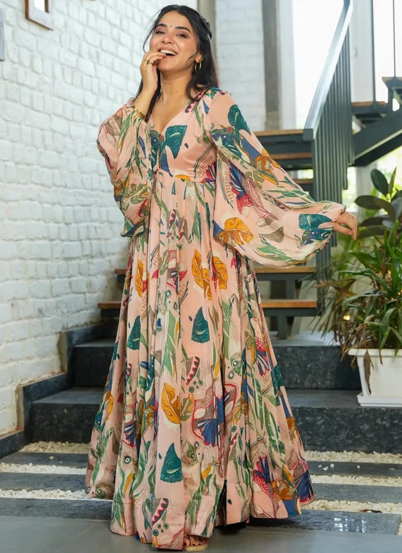 Vegaa Fashion Multi Color Heavy Air Tex Chinon Silk Digital Print Designer Gown | Grocsy